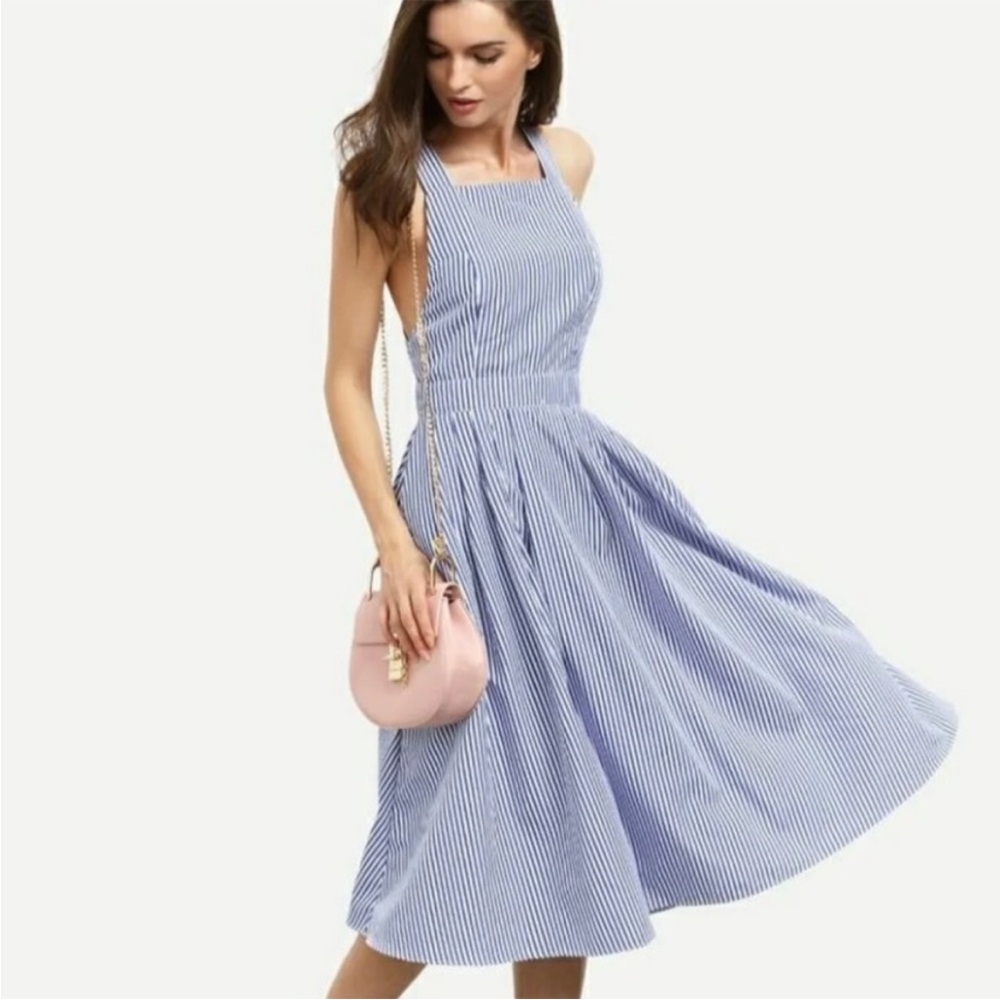 Blue Striped Halter Dress